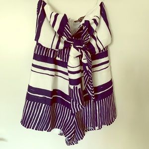 Blue and white striped tie front strapless romper